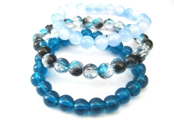 BeachViewAttic Jewelry - 3 Glass Bead Bracelet Set  Stretchy -   Colors:  Deep Ocean