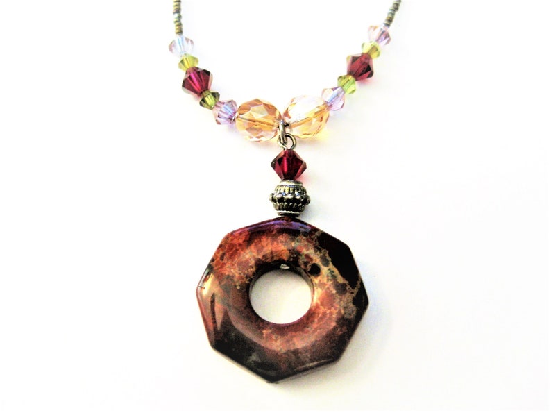 Vintage Jewelry Agate Crystal Pendant Choker Necklace Honey, Raspberry, Purple N5C image 1