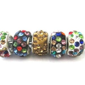 Jewelry Supplies ~  Multi Rhinestones Large Hole Beads   Set/5  -  12mm  - &#39;Rainbow Sparkles&#39;