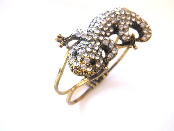 Vintage Jewelry -  Lizard Chameleon Hinge Clamp Bracelet -  Rhinestones, Gold-tone   1990's   (NA)