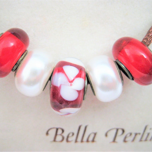 Jewelry Supplies ~ Bella Perlina  Beads  Set/5   -  Deep Red, Pearl White  Large hole  (WBR)