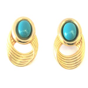 Vintage Jewelry ~ Gold-tone Turquoise Cabochon  Earrings  Pierced   1990&#39;s  - 1 1/2&quot;   (N8A)