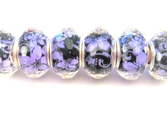 Jewelry Supplies ~  6 Resin Spacer Beads  - Large Hole   14x10mm Faceted  Purple  Black  Set/6    ' Witches Flowers '