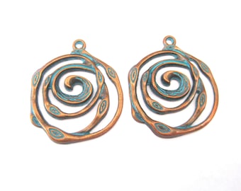 Jewelry Supplies ~  2 Copper Patina Earrings/Pendants -  Spiral Circles  -  #60   (N12C)
