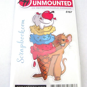 May include: A clear plastic package containing an unmounted art impression. The image features a cartoon mouse hugging a large ice cream cone with multiple scoops and a cherry on top. Text includes "ART IMPRESSIONS UNMOUNTED" and "SCRAPBOOK.COM EXCLUSIVE."