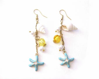BeachViewAttic Jewelry -  Beach Theme Drop Earrings  - Shell, Aqua, Yellow - Dainty  3"  #BV8  (N17C)