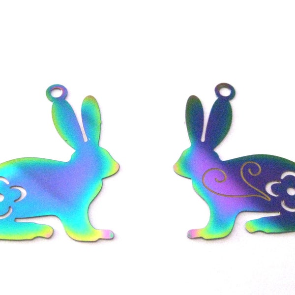 Jewelry Supplies -  2 Bunny Rabbit  Charm Pendant Stainless Steel - Electroplated  - Set/2 -  30mm long  (N17B)