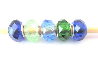 Jewelry Supplies ~  Glass Lamp work Spacer Beads   Set/5  -  14x10mm  - Blue  Green - 'Blue Bells Bouquet'
