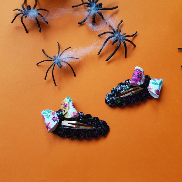 Clic clac Halloween, plusieurs designs au choix, barrette crocodile, barrette bébé, accessoire cheveux, snapclip, halloween bow, glitter bow