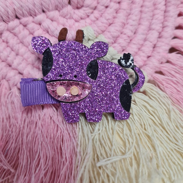 Barrette Huguette aime les paillettes Vache violette, barrette antiglisse, accessoire cheveux fille, barrette crocodile, hairclip