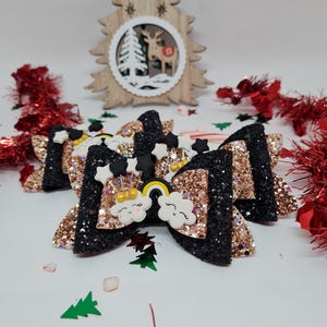 Gold and Black Bow, non-slip barrette, hair accessory, Christmas barrette, Christmas bow, glitter bow, sequins
