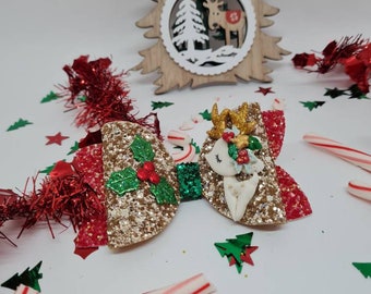 Noeud Renne Noël blanc et or feuille de houx, accessoire cheveux, barrette antiglisse, barrette crocodile, barrette noel, noeud cheveux