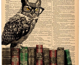 Book Page Art Print, Wise Owl With Books art print. Great Gift for Graduate. Upcycled vintage book page art print. Print on book page.