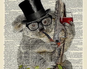 Dictionary Art Print, Koala Bear fun art print. Sir Koala with top hat and wine glass. Vintage book page art print.  Print on book page.