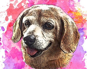 Custom Pet Portrait DIGITAL Download Pet Portrait to print - No Physical Print Sent - Watercolor Splash Background. Pet Custom Portrait.