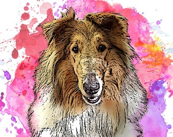 Custom Pet Portrait DIGITAL Download Pet Portrait to print - No Physical Print Sent- Watercolor Splash Background. Dog or Cat Fun Portrait.