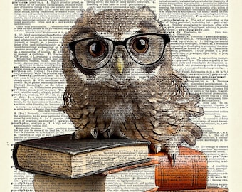 Owl on Book Stack. Baby owl Print has the look of an Ink drawing with color.  Art print on dictionary page.