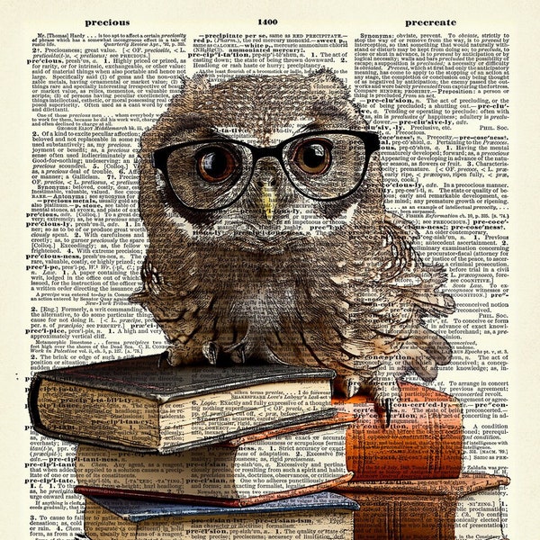 Owl on Book Stack. Baby owl Print has the look of an Ink drawing with color.  Art print on dictionary page.