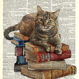May include: A tabby cat rests atop a stack of vintage books, including one titled "Puss in Boots." The image is a digital illustration on a background of aged dictionary pages.