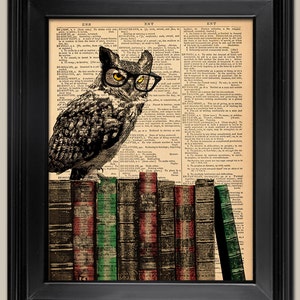 Wise Owl With Books wall art print. Great Gift for Graduate. Upcycled vintage book page art print. Print on book page.