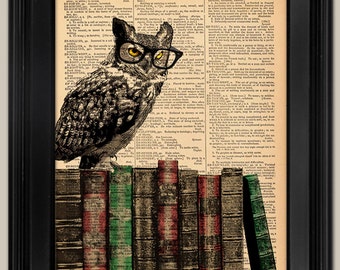 Wise Owl With Books wall art print. Great Gift for Graduate. Upcycled vintage book page art print. Print on book page.