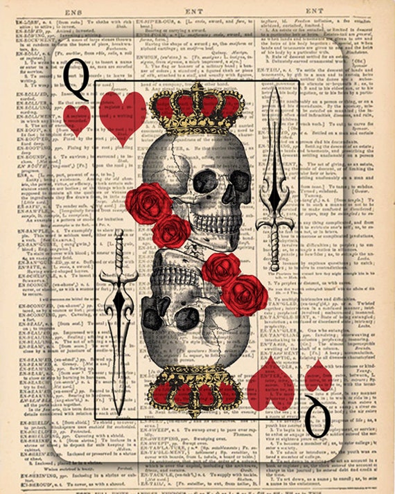 Skull Queen of Hearts and Roses Playing Card. Wall Art. Upcycled