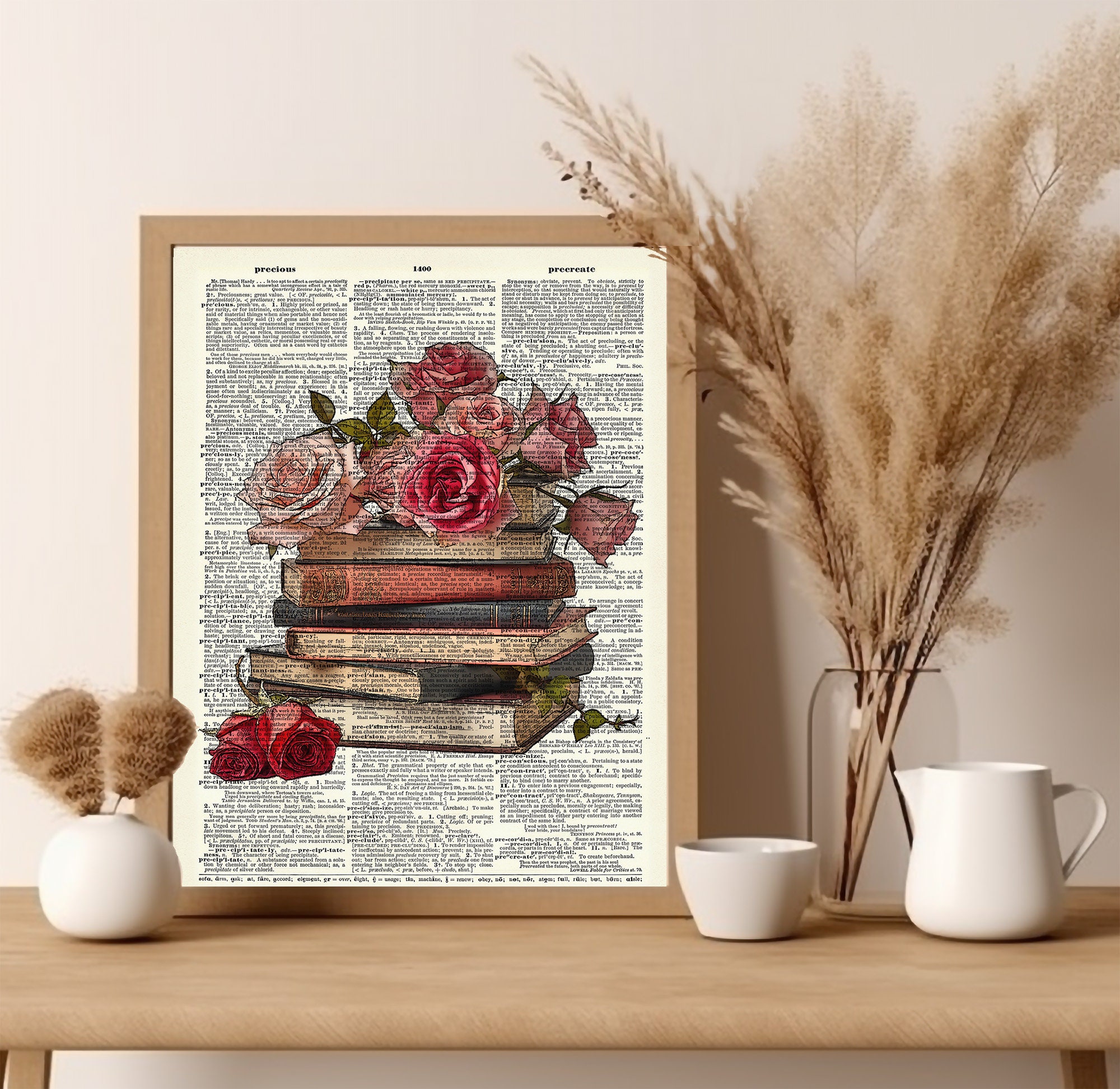 Roses and Books Art Print. Upcycled Vintage Book Page Art Print