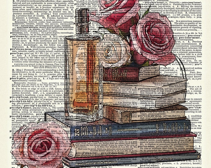 Roses, Perfume and books art print. Upcycled vintage book page art print. Print on book page.  Fits 8"x10" frame.