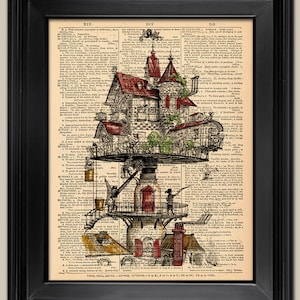 Steampunk House Vintage Art Print. Vintage book page art print. Print on book page.  Fits 8&quot;x10&quot; frame.