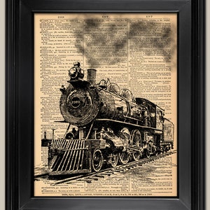 May include: A black and white illustration of a vintage steam locomotive train engine on a page from an old dictionary. The engine is numbered "2980" and has a large smokestack. The image is surrounded by text from the dictionary.