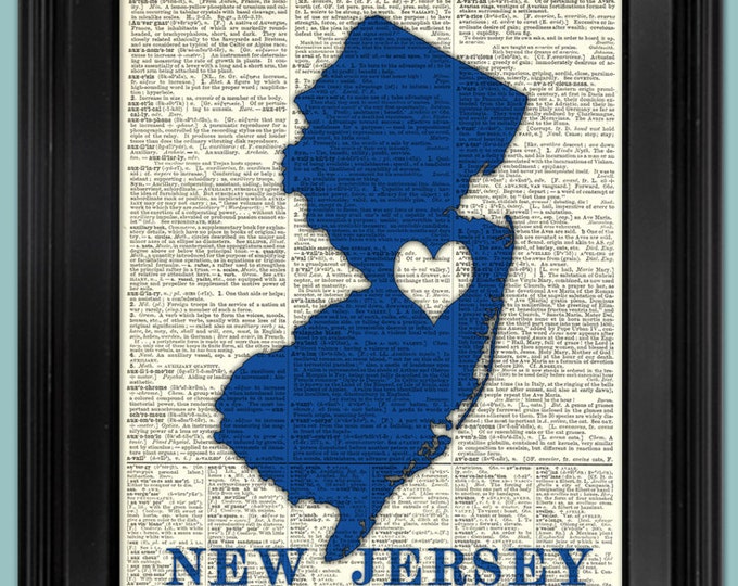 Map-ANY STATE with heart. Upcycled vintage book page art print. Print on book page. Fits 8"x 10" frame.