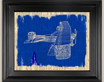 Vintage Plane Blueprint Style print. Print on book page art print. Printed dictionary page.   Fits 8"x10" frame.