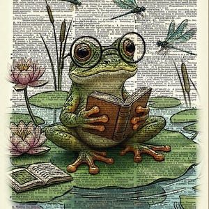 May include: A whimsical illustration features a frog wearing glasses, engrossed in a book while sitting on a lily pad. Dragonflies and water lilies surround the frog, set against a backdrop of vintage dictionary pages.