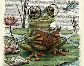 Studious Frog Reading Book Art Print on Dictionary Page – Ink Drawing Style Wall Art
