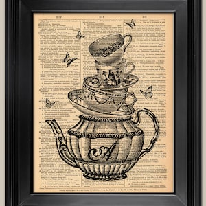 Alice&#39;s Teapot and Cups. Wall art. Gift for Mom. Upcycled vintage book page art print.  Print on book page.  Mother&#39;s Day Gift.