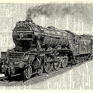 May include: A black and white illustration of a vintage steam locomotive train engine with the words "The Majestic Scotsman" on the side. The train is on a track with a newspaper background.