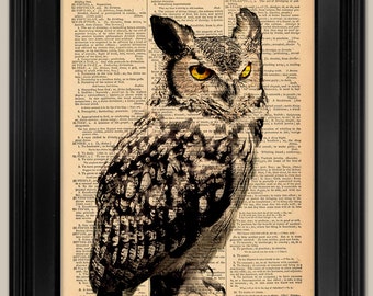 Owl art print. Upcycled vintage book page art print. Print on book page.  Fits 8"x10" frame.