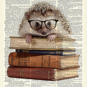 Hedgehog wall art on Book Stack. Hedgehog Print has the look of an Ink drawing with color.  Art print on dictionary page.