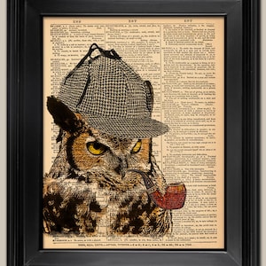 Owl Sherlock Detective Upcycled vintage book page art print. Print on book page. Fits 8&quot;x10&quot; frame.