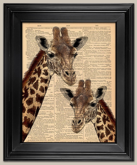 Giraffes art print. Upcycled vintage book page art print. Print on book page.  Fits 8"x10" frame.