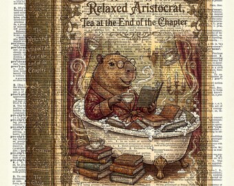 Lámina artística de la portada del libro Capybara: estilo dibujo a tinta de página de diccionario