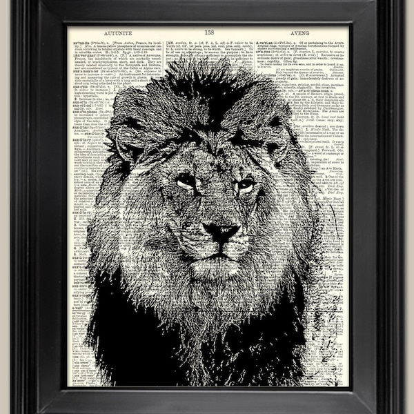 Lion Face ink art print. Upcycled vintage book page art print. Print on book page.   Fits 8"x10" frame.