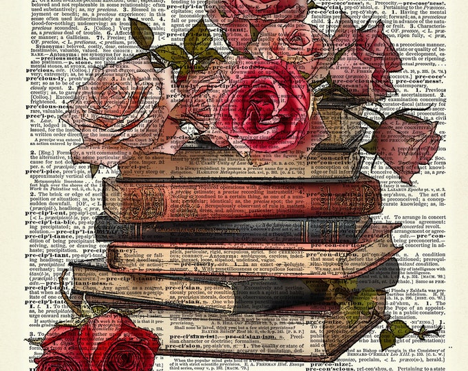 Roses and books art print. Upcycled vintage book page art print. Print on book page.  Fits 8"x10" frame.