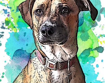 Retrato de mascota personalizado DIGITAL Descargar. No se envía ninguna impresión física. Retrato de mascota para imprimir - Fondo de salpicaduras de acuarela.  Retrato personalizado divertido.