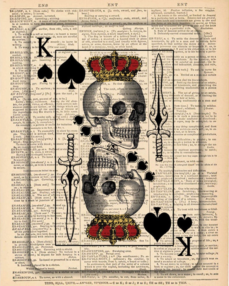 Skull King of Spades Card. Upcycled Vintage Book Page Art Etsy