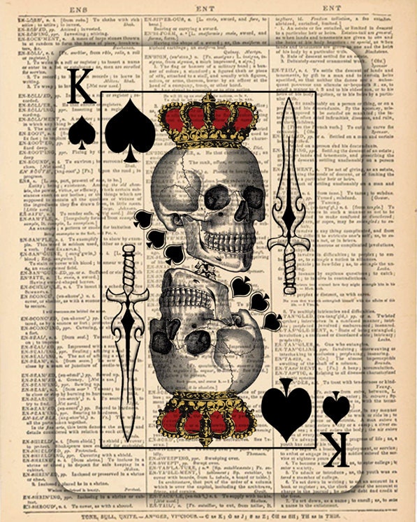 Skull King of Spades Card. Upcycled Vintage Book Page Art Print