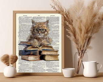 Kitten Wall Art on Book Stack. Cat Print Has the Look of an