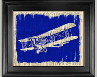 Bi Plane Vintage Blueprint Style print. Print on book page art print. Printed dictionary page.   Dad's Day Gift.