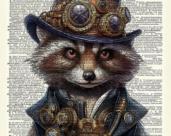 Raccoon Steampunk art print.  Raccoon with Steampunk hat. Vintage book page art print.  Print on book page.