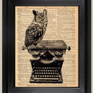 Owl on Vintage Typewriter art print. Great Graduation Gift Vintage book page art print. Print on book page.